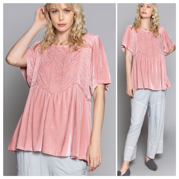 POL Tops - Snow Pink Velvet Baby Doll Top